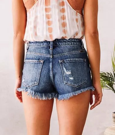 KanCan Med Wash High Rise Distressed Hem Denim Shorts