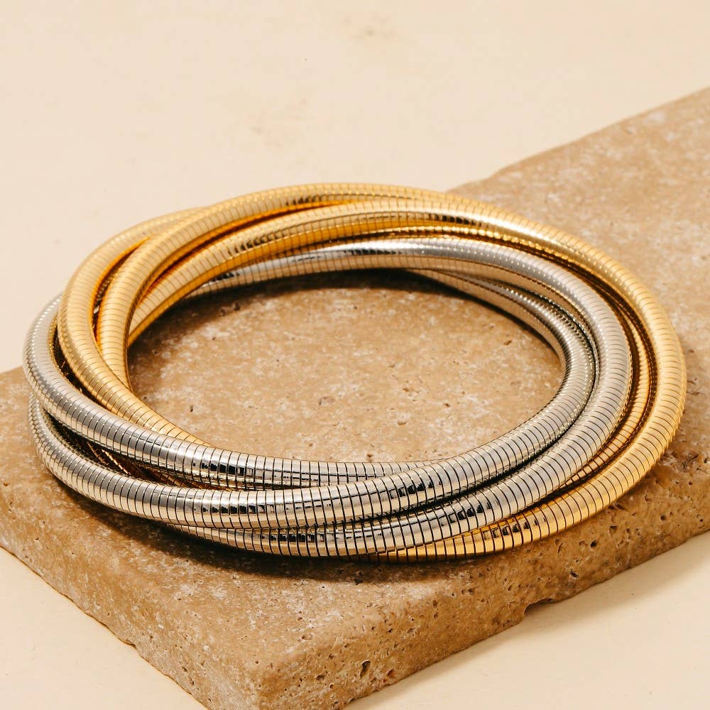 Knotted Elastic Metallic Coil Bracelet Set: Gold & Silver