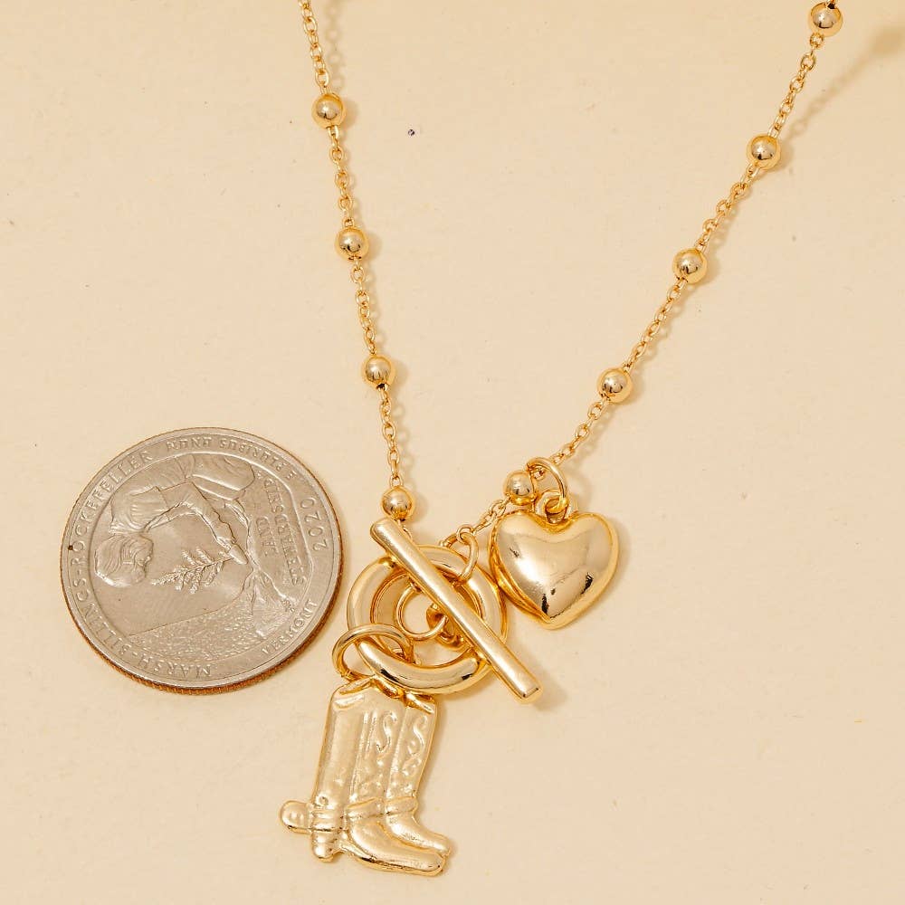 Western Cowboy Boots And Heart Charms Toggle Chain Necklace