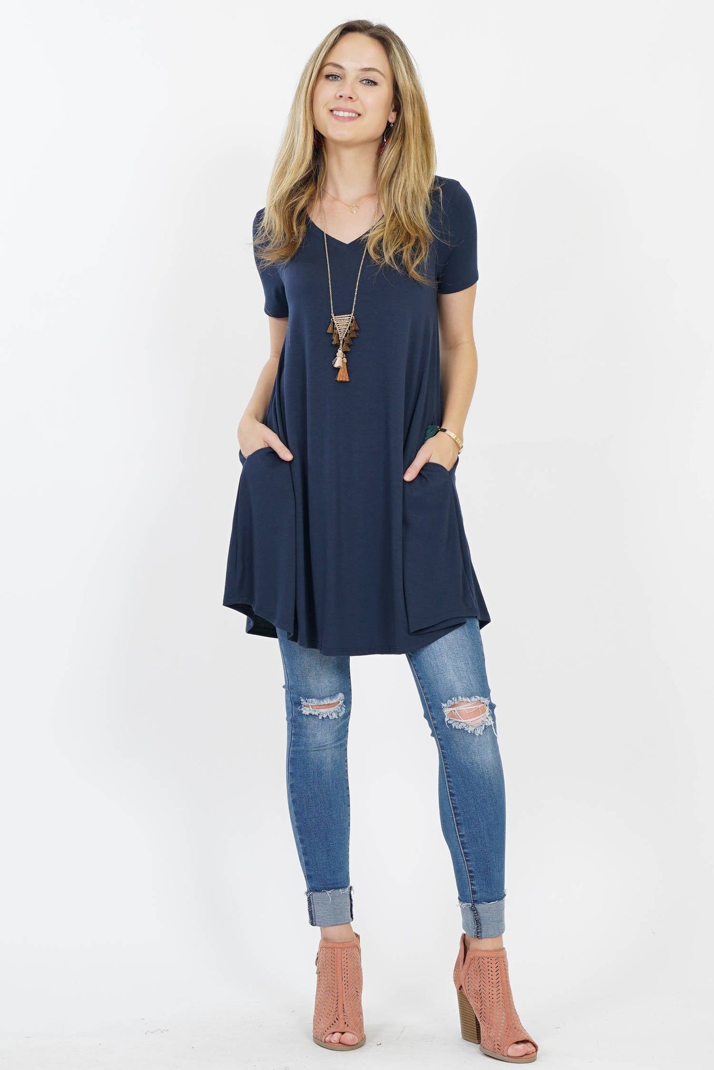 Vneck Curved Hem Two Pocket Tunic