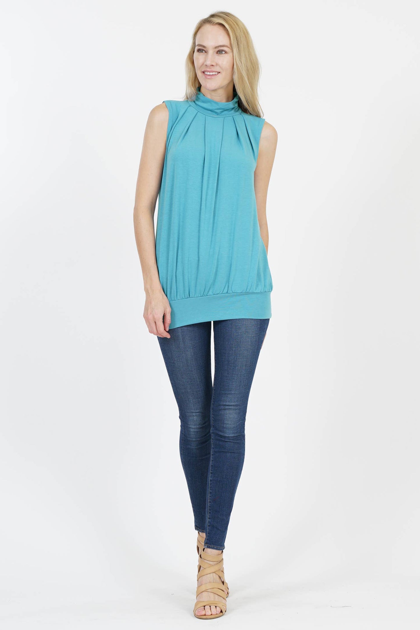 Pleated Mock Neck Blouson Top: DUSTYTEAL M