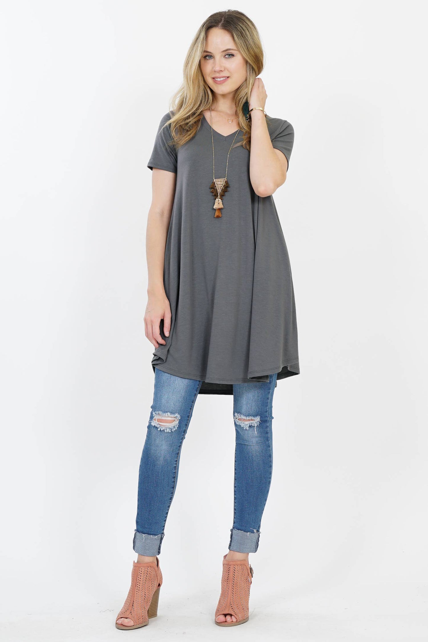 Vneck Curved Hem Two Pocket Tunic