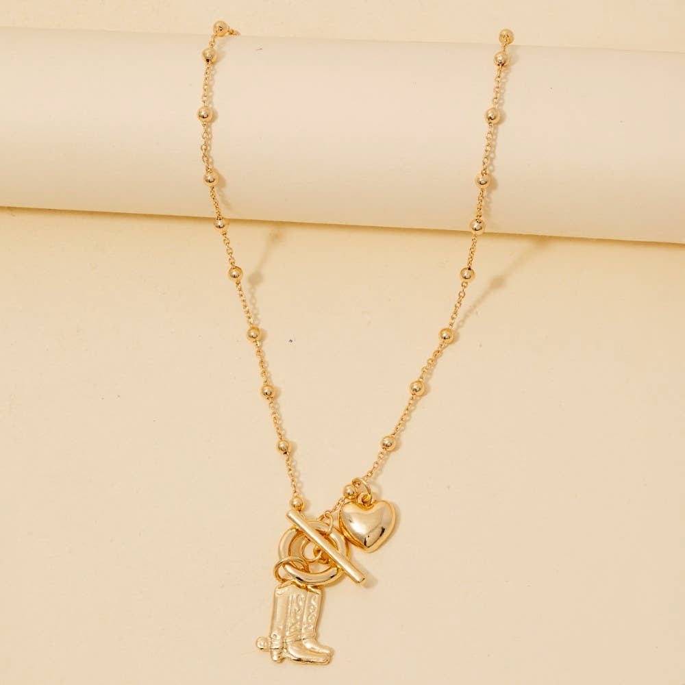 Western Cowboy Boots And Heart Charms Toggle Chain Necklace