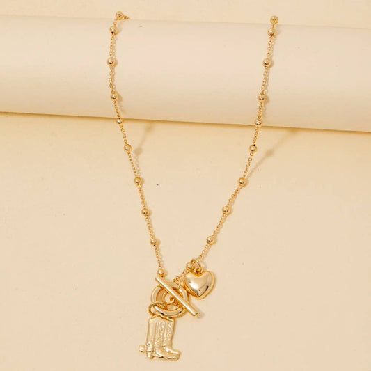 Western Cowboy Boots And Heart Charms Toggle Chain Necklace