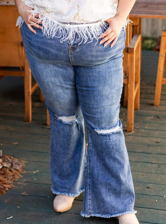 The Camila Distressed High Rise Flares: Denim Blue / 18