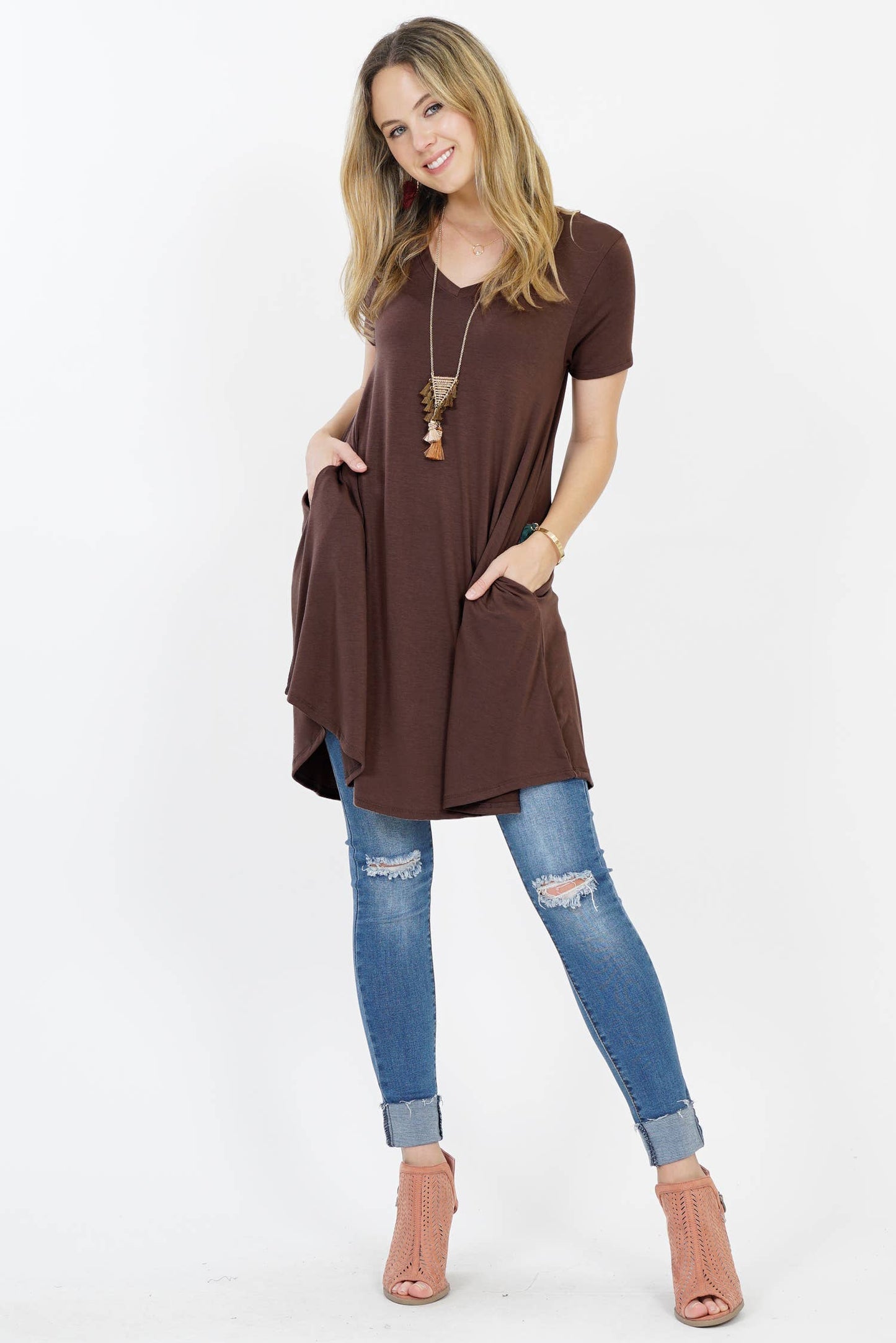 Vneck Curved Hem Two Pocket Tunic
