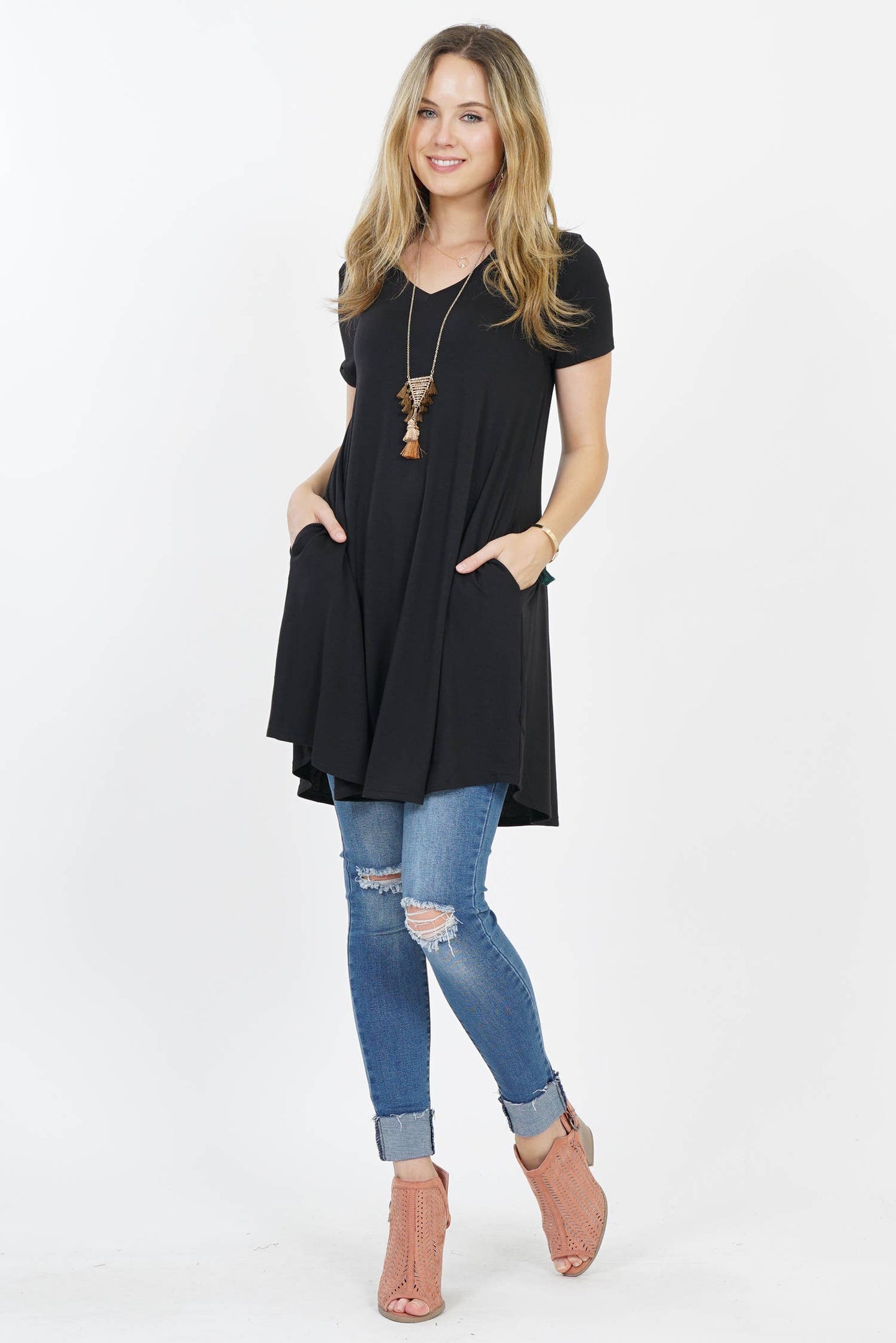 Vneck Curved Hem Two Pocket Tunic