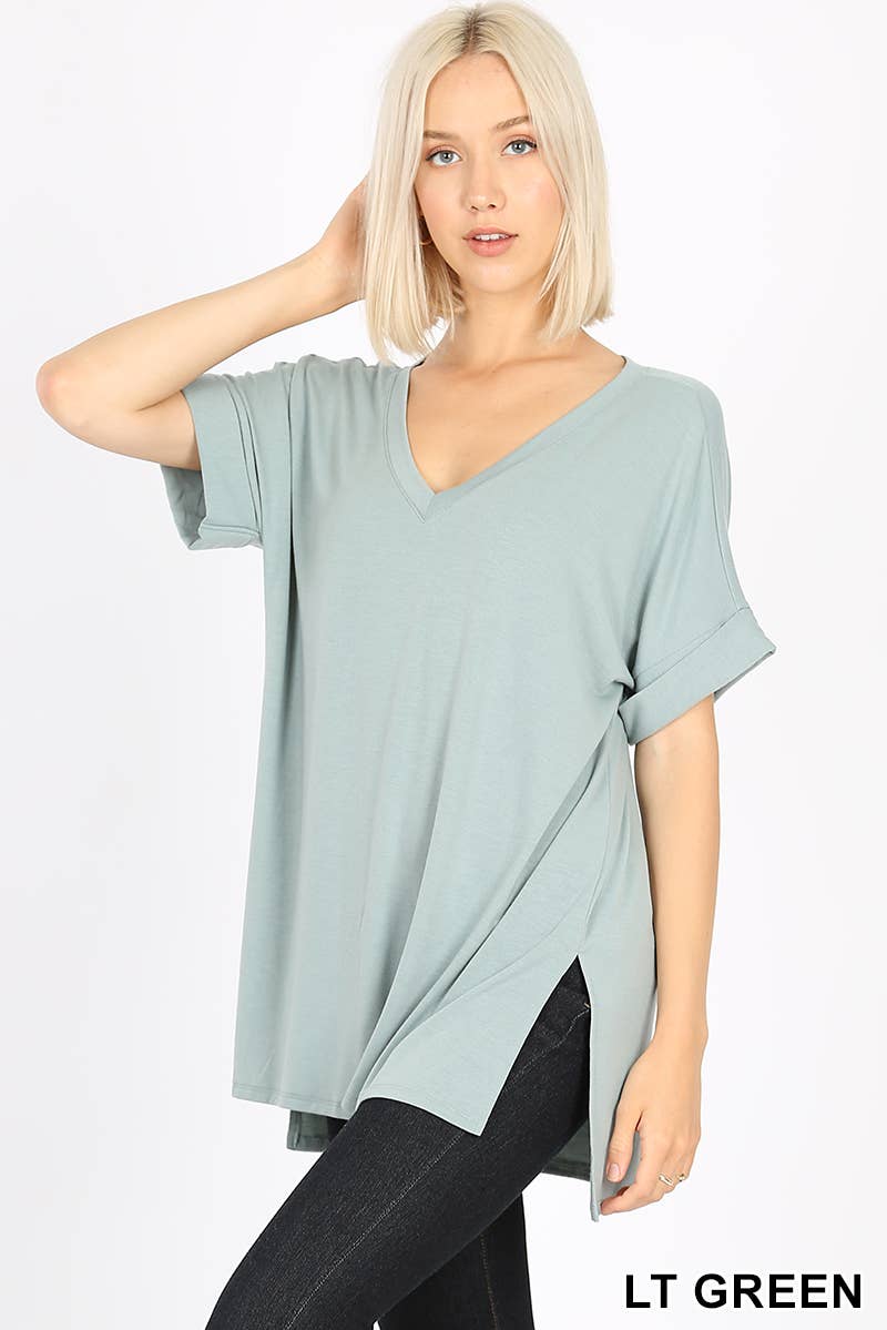 Loose fit V Neck Top w/ Side-slit: LTGREEN