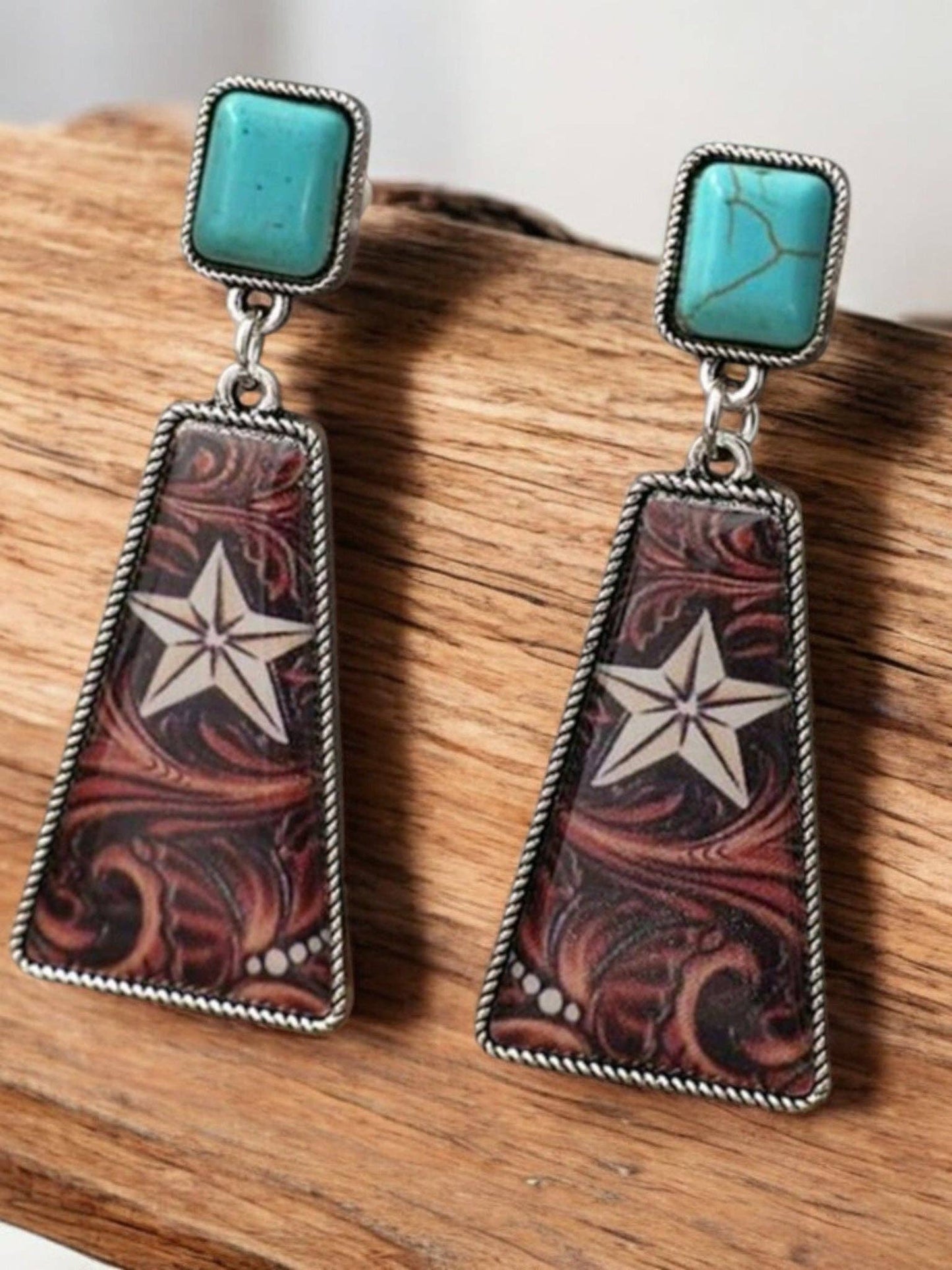 She's A Texas Star Western Fashion Print Earrings: Blue