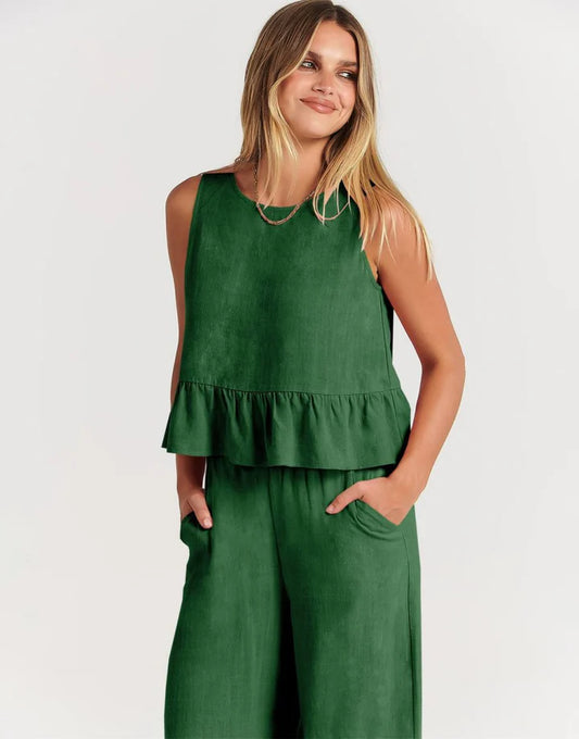 Peplum Crop Button Detail Tank Top - OLIVE S