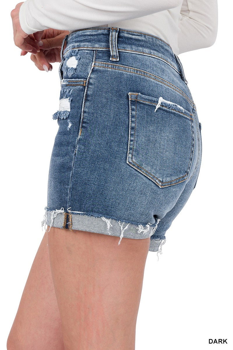 Distressed Cuffed Raw Hem Demin Shorts