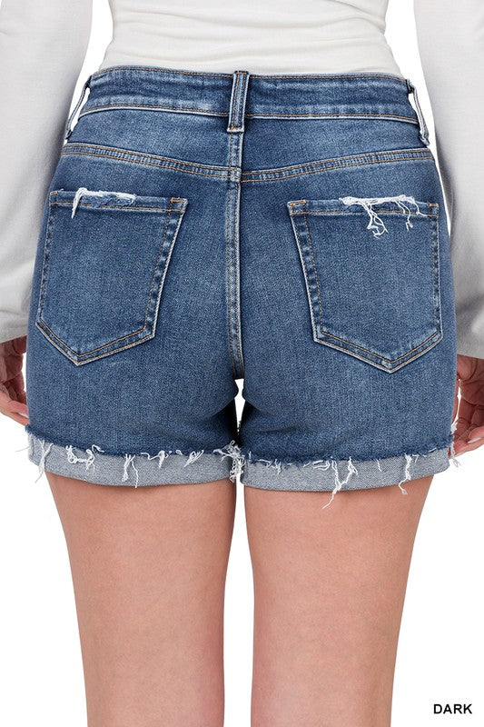 Distressed Cuffed Raw Hem Demin Shorts