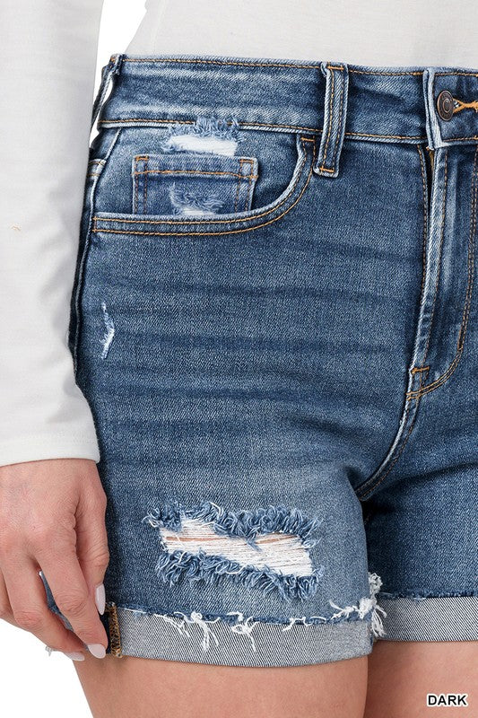 Distressed Cuffed Raw Hem Demin Shorts