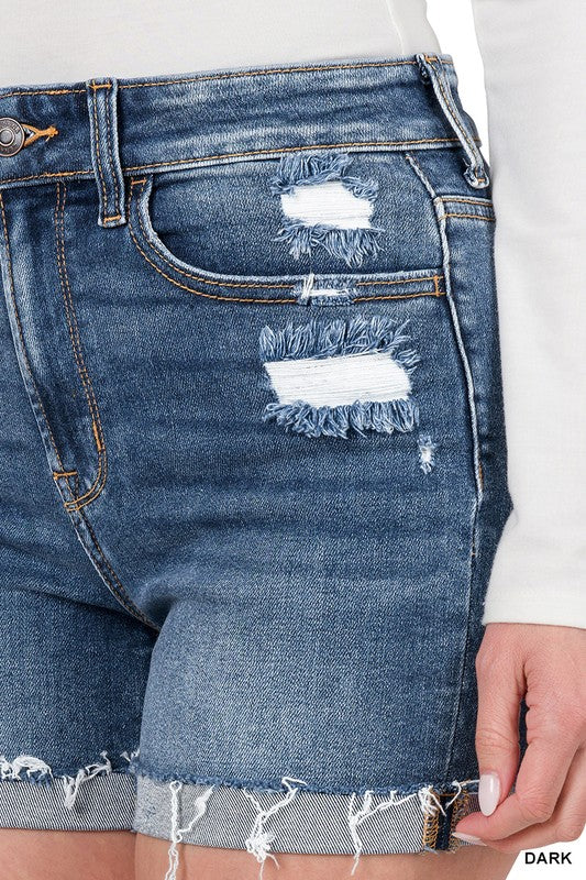 Distressed Cuffed Raw Hem Demin Shorts
