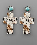 Turquoise-Stone Cowhide-Cross Earrings