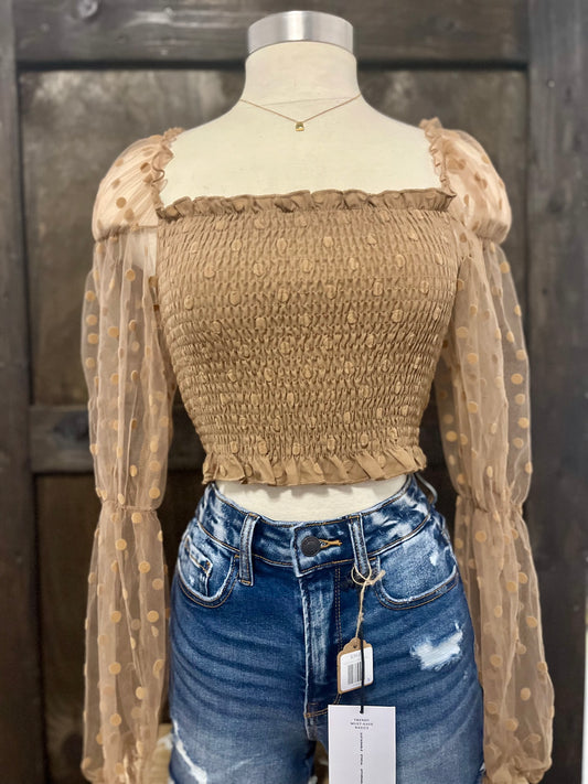 Mocha Cropped Shirred Chiffon Sleeve Blouse