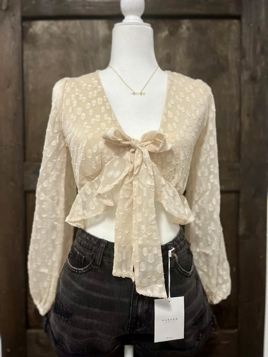 Endless Blu Cropped Chiffon Peplum Tie-front Blouse