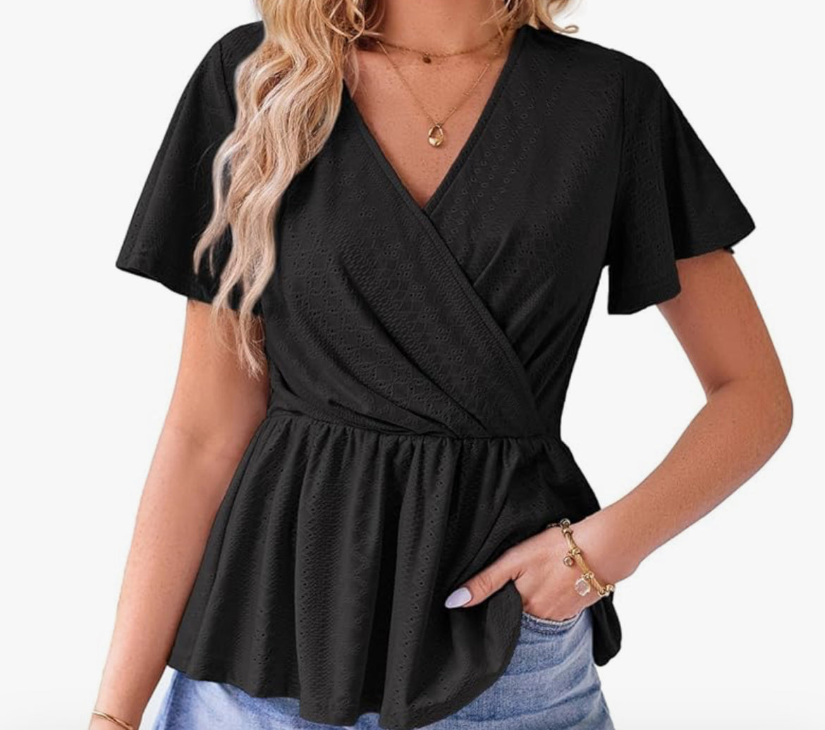 V-Neck Eyelet Top Ruffle Sleeve - BLACK L