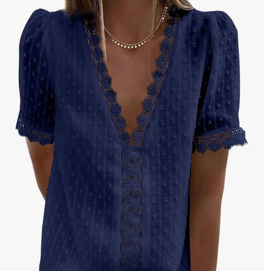 Laced V-Neck Chiffon Shirtsleeve Blouse - M