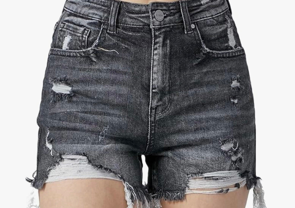 RISEN Black High Waist Distressed Denim Shorts
