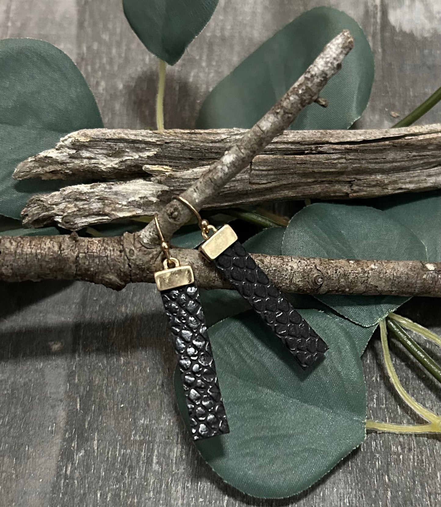 Gold Dangle Earring with Black Leather Strip Accent