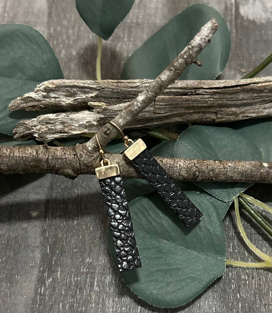 Gold Dangle Earring with Black Leather Strip Accent