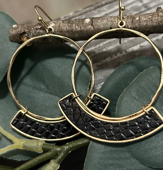 Black Faux Leather Dangle Hoop Earrings