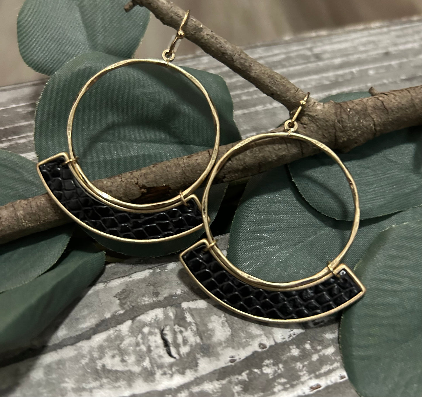 Black Faux Leather Dangle Hoop Earrings