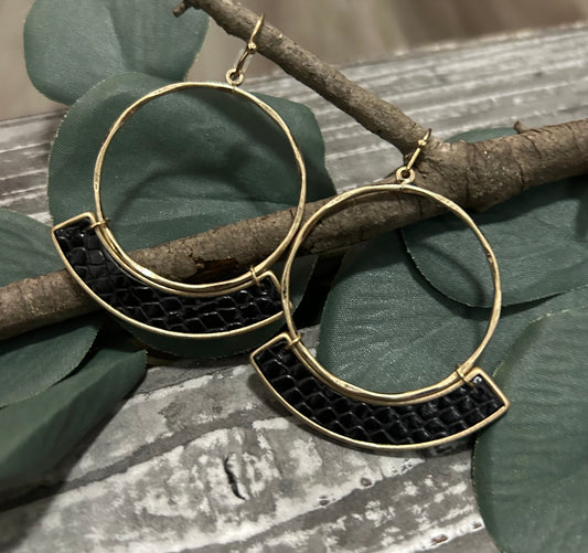 Black Faux Leather Dangle Hoop Earrings