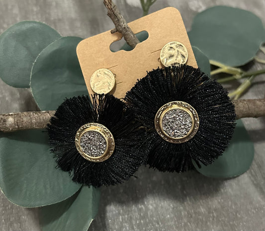 Black Tassel Fan Drop Post Earrings