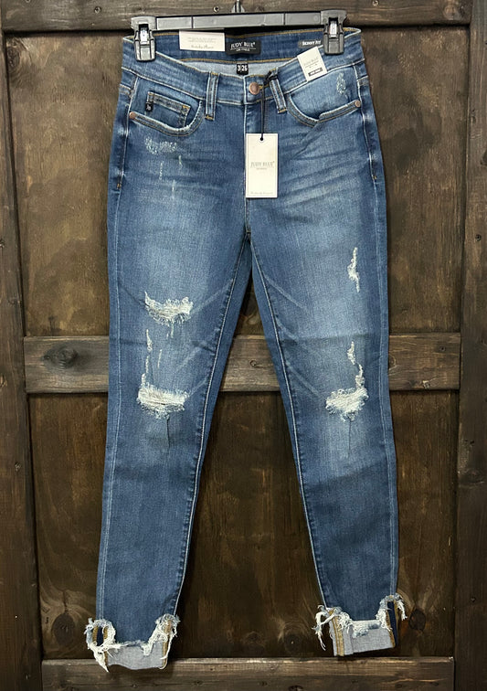 JUDY BLUE Mid Rise Distressed Raw Hem Jean - SKINNY FIT