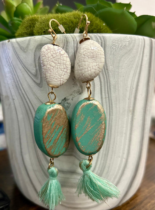 White & Teal Tassel Dangle Earrings