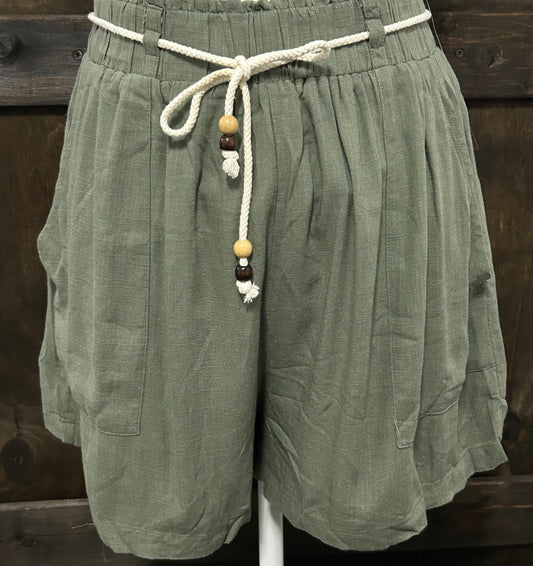 Doe & Rae Olive Loose Fit Linen Shorts with Rope Belt