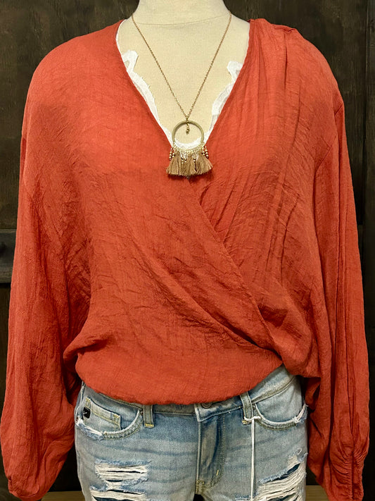 Burnt Orange Sheer Wrap Blouse