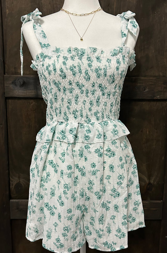 Tie Sleeve Shirred Romper