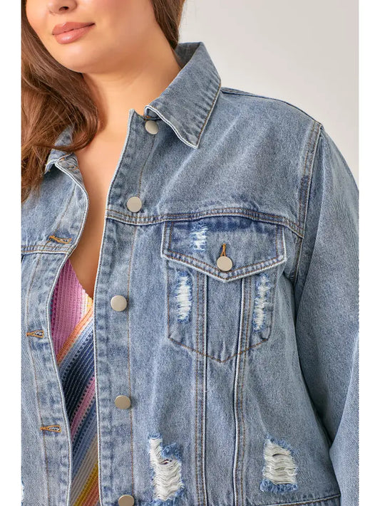 CURVY Distressed Denim Jacket