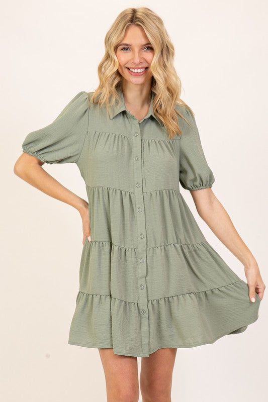 Breezy Tiered Bell Sleeve Dress - SAGE