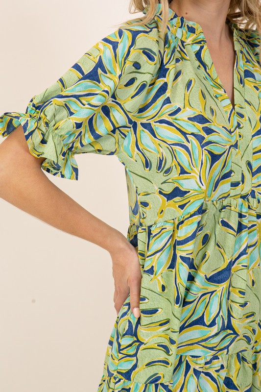 Tropical Print Bell Sleeve Dress