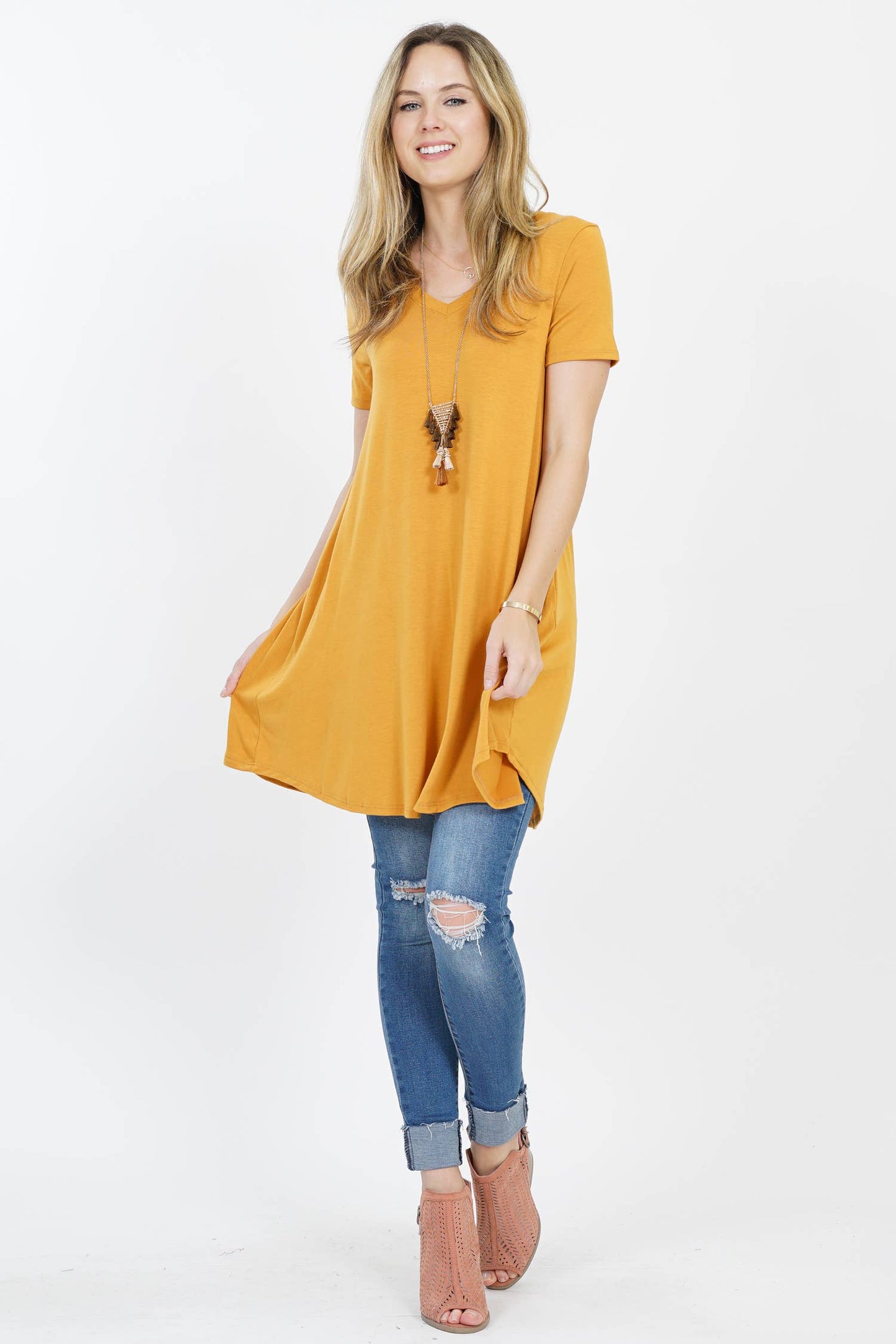 Vneck Curved Hem Two Pocket Tunic