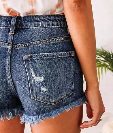 KanCan Med Wash High Rise Distressed Hem Denim Shorts