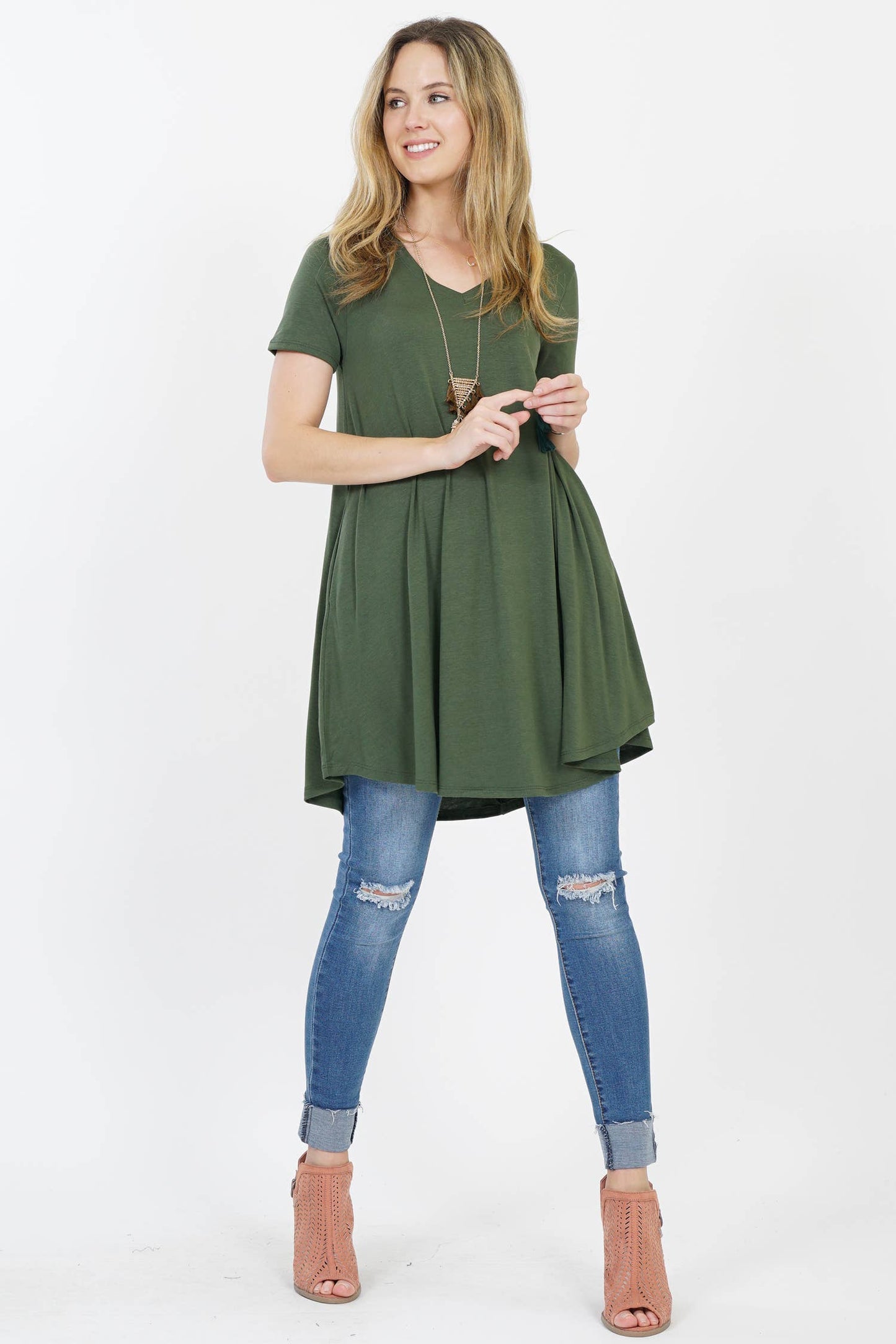Vneck Curved Hem Two Pocket Tunic