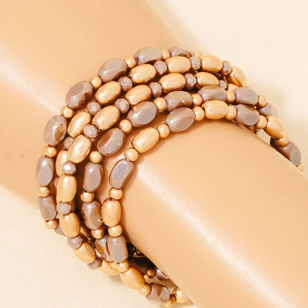 Glass And Metallic Beaded Bracelet Set: BROWN
