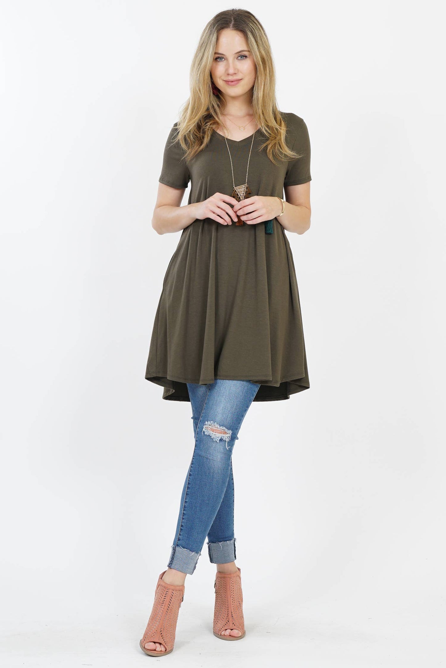 Vneck Curved Hem Two Pocket Tunic