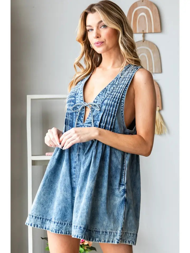 Front Pleated V Neck Sleeveless Denim Romper