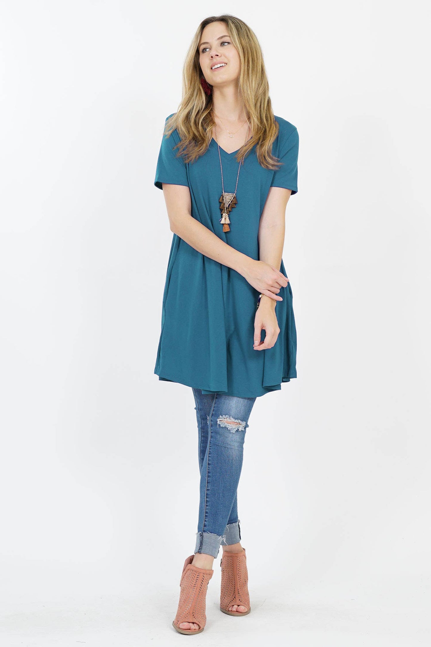 Vneck Curved Hem Two Pocket Tunic