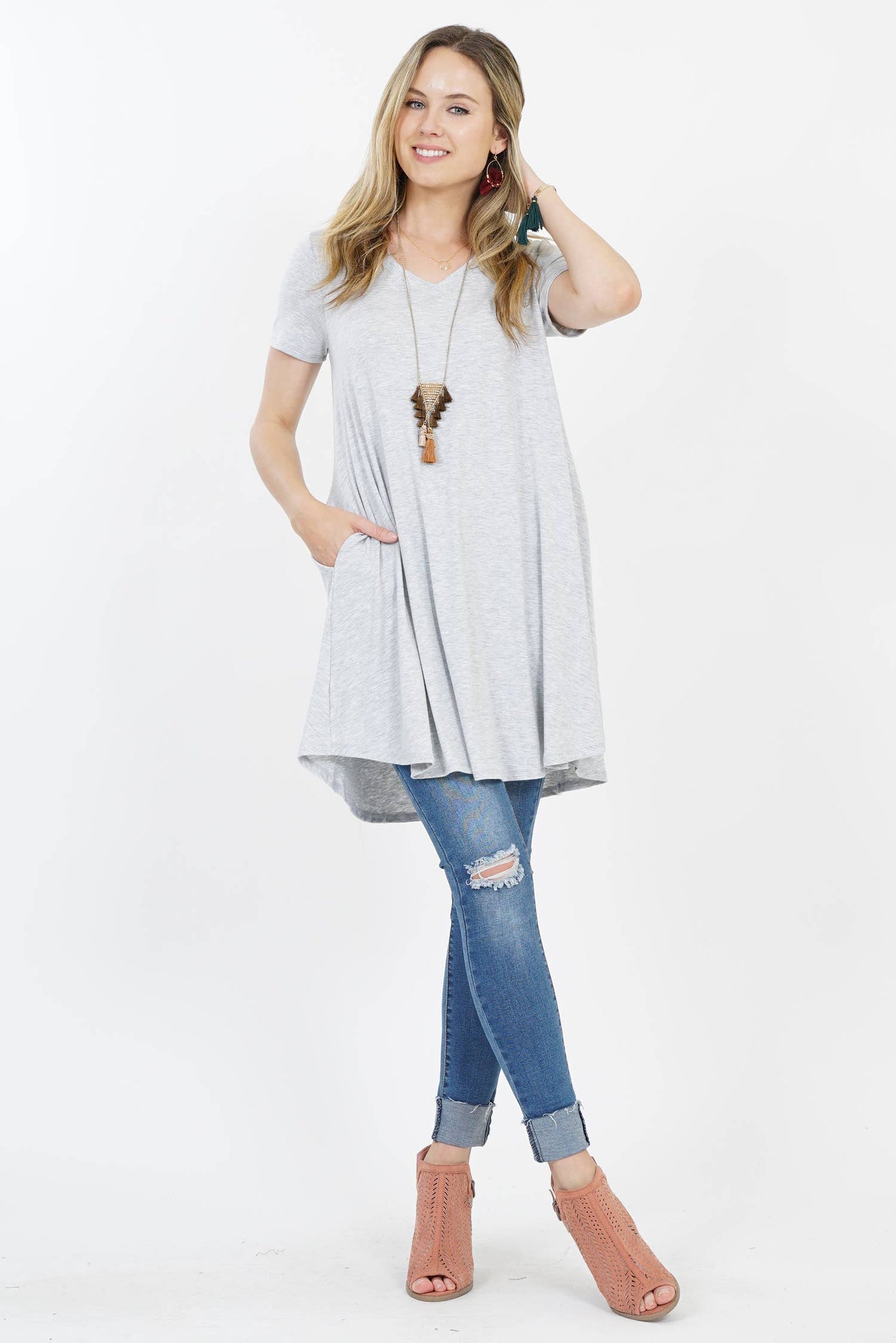 Vneck Curved Hem Two Pocket Tunic