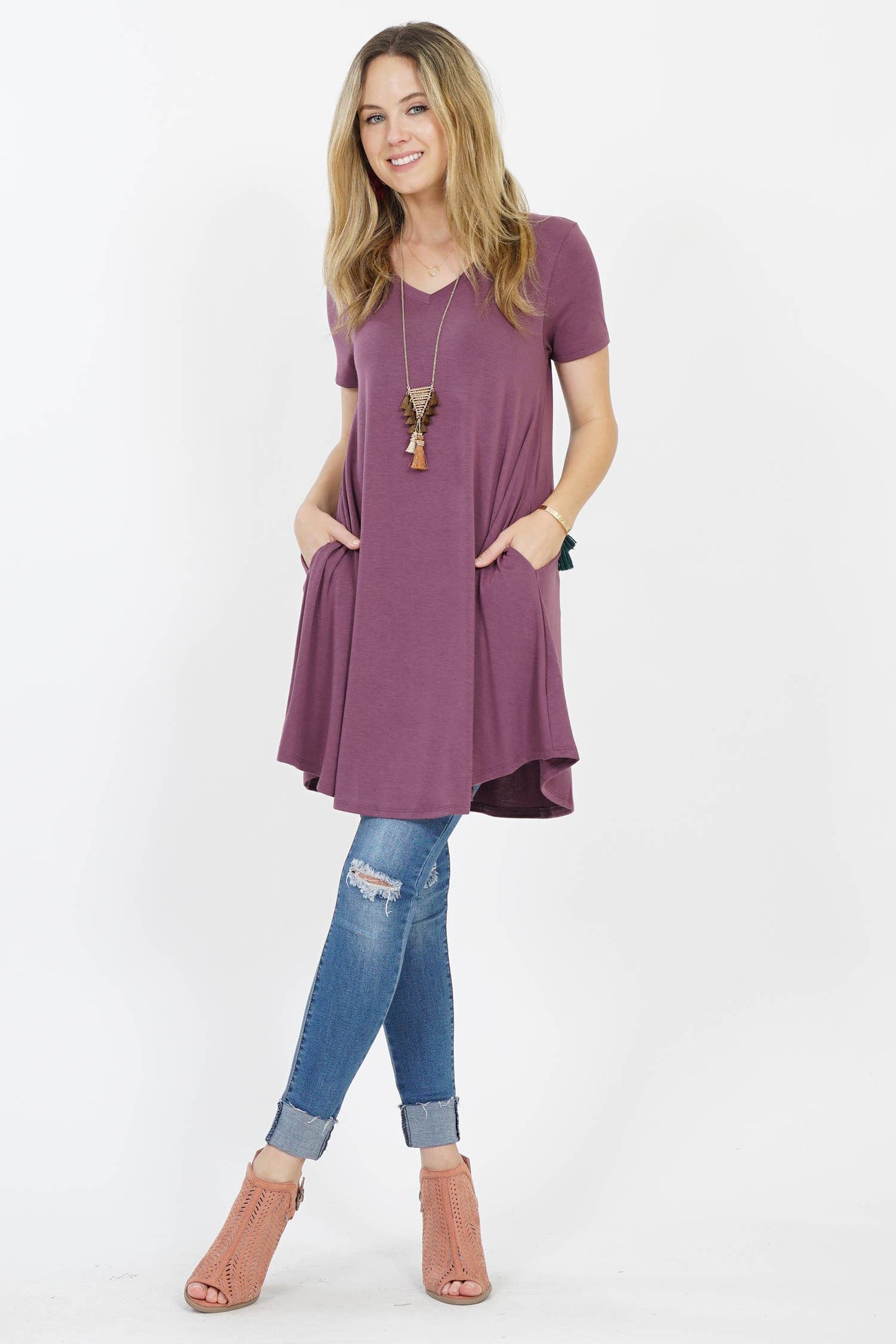 Vneck Curved Hem Two Pocket Tunic