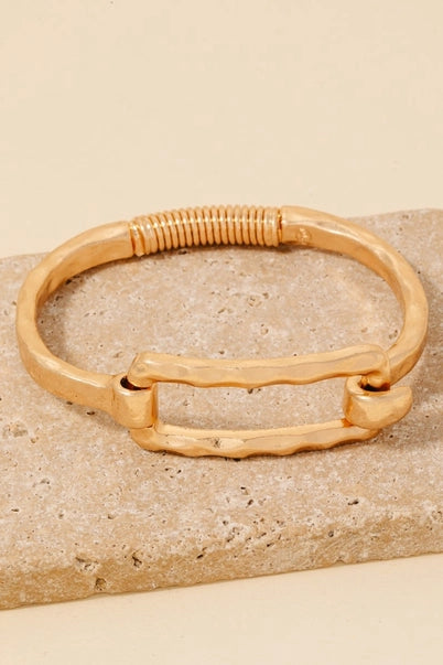 Hammered Rectangle Coil Spring Hook Bangle Bracelet: Gold