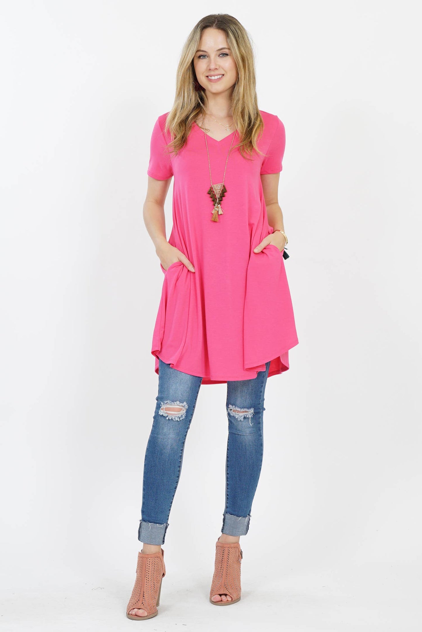 Vneck Curved Hem Two Pocket Tunic