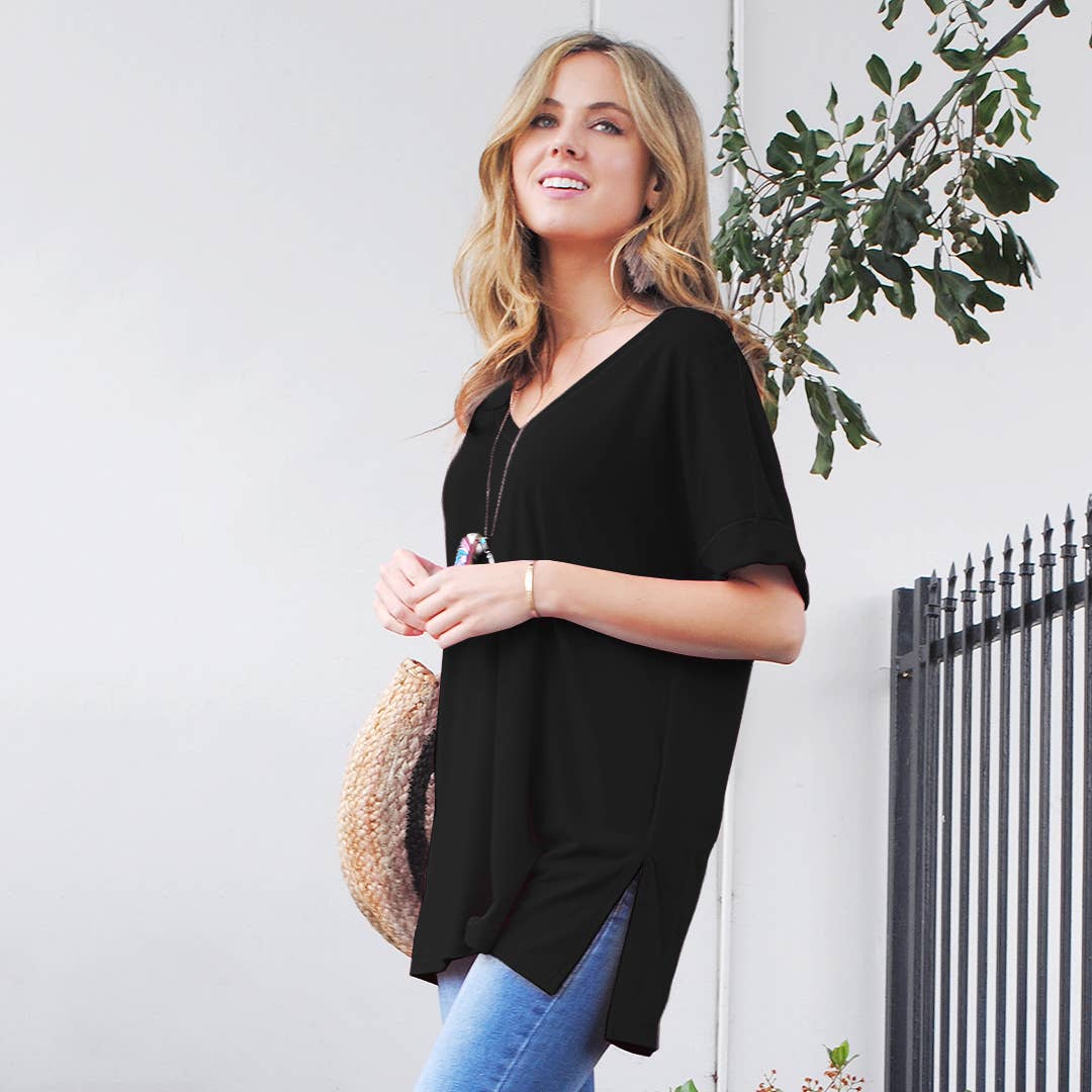 Loose fit V Neck Top w/ Side-slit: LTGREEN